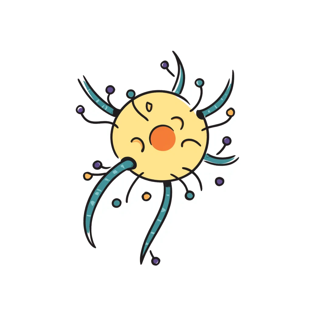 Neuroprotective mechanism illustration: central yellow neuron with orange cell body, blue dendrites, and long green axon, surrounded by supportive glial cells in purple and protective molecules shown as small colored shields. Hand-drawn anatomical diagram with detailed cellular components. emoji