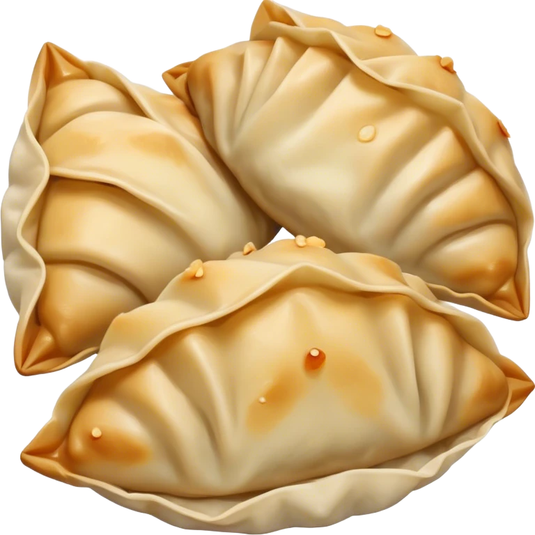 Gyoza Cinematic Realistic Gyoza Dish Emoji, depicted in a close-up view of 1 to 2 delicate dumplings with a crisp, golden exterior and savory filling, rendered with exquisite detail and dynamic lighting. emoji