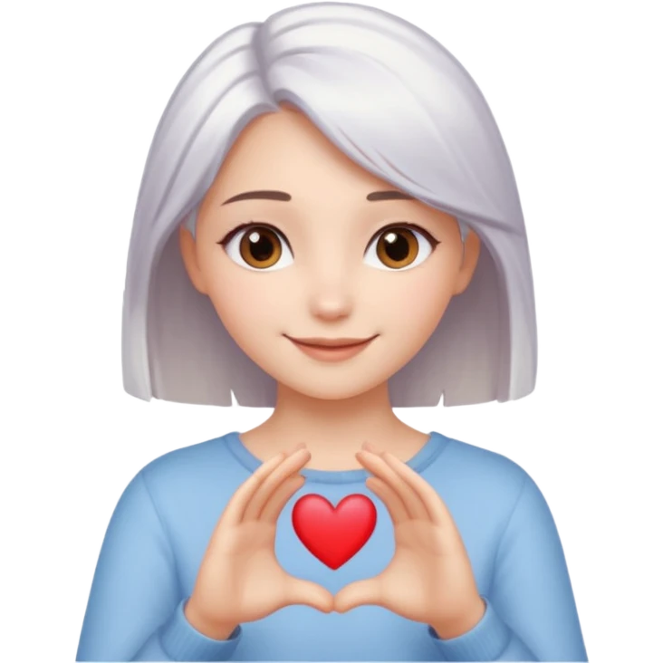 Beautiful girl. Platinum-colored hair just below the shoulders, straight, brown eyes, sweet smile. Hands in the shape of a heart.  emoji