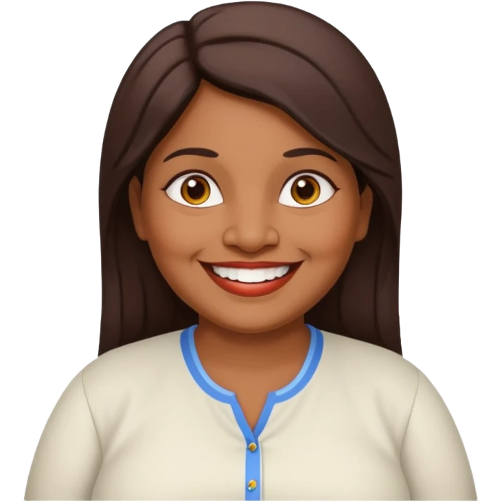 50 yr old chubby Sri Lankan woman, dark skin, straight brown hair, big smile, white teeth, european clothes, hair emoji