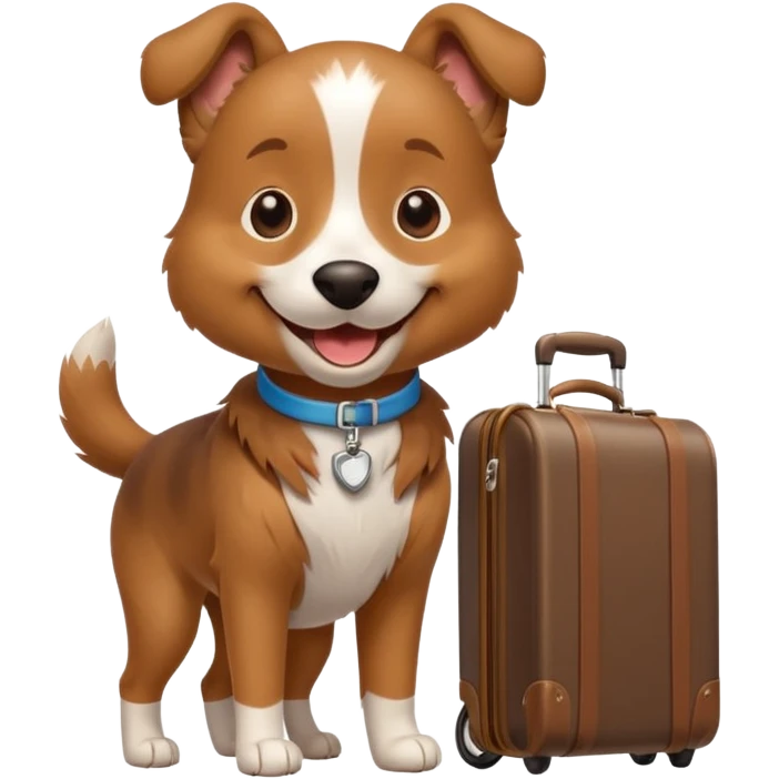 A cheerful dog pulling a small rolling suitcase behind it. emoji