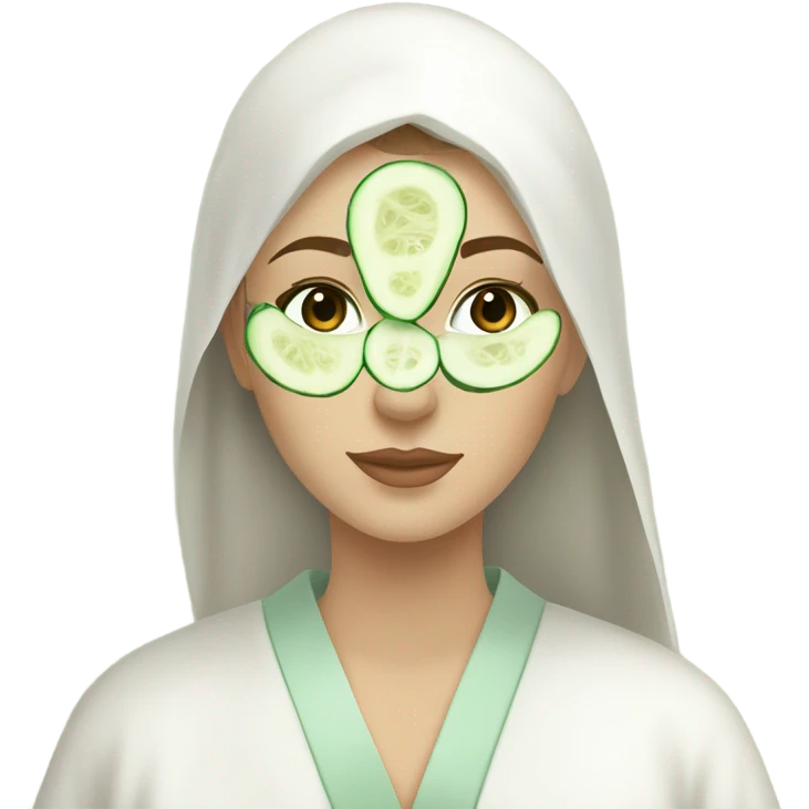 White girl with Brown hair and blue eyes wears a Green clay colored skincare textured mask and puts on cucumbers around her eyes while She relaxes in her white Robe emoji