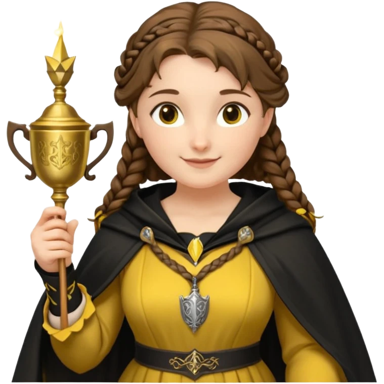 Helga Hufflepuff,the Hogwarts founder of Hufflepuff,brown-haired,2braids,yellow-black medieval dress with black cloak decorated with gold braiding,flickering magic wand and tiny two-handled shiny gold cup engraved with the badger silhouette,very kind smile,curvy busty sweet emoji