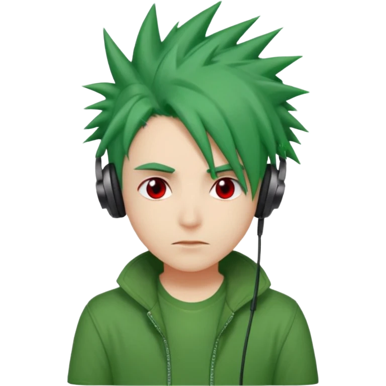 chico pelo medio largo ojos rojos y una camisa verde pelo tipo spike y unos audifonos emoji