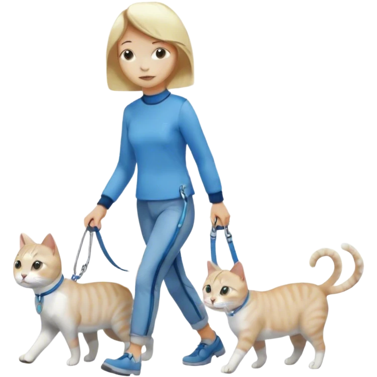 blonde short-haired woman walking a gray and white cat on a blue leash emoji