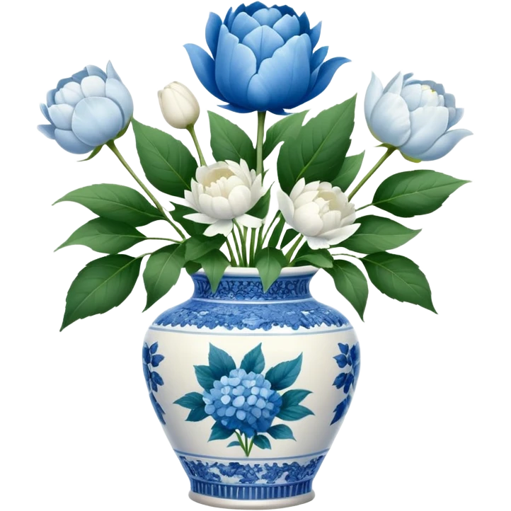 Blue and white toile pattern vase, with white peonies, white tulip, and hydrangeas, with some greenfiller plants emoji
