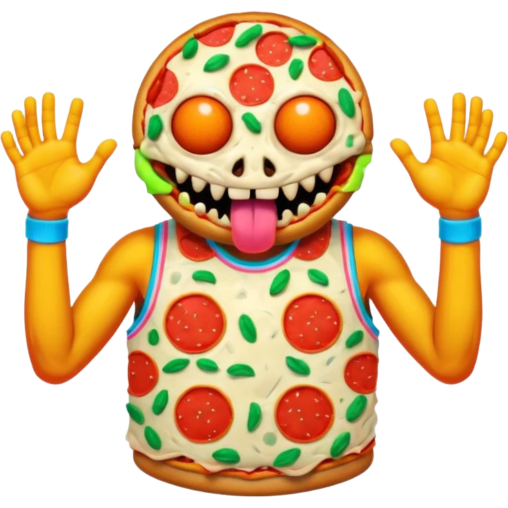 a glitch abomination with hands for a head, a baskeball stomach, pizza eyes emoji