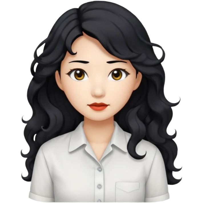 Asian woman, black hair, long permed wavy hair, white button-up shirt, flat colors, transparent background, black eyes emoji