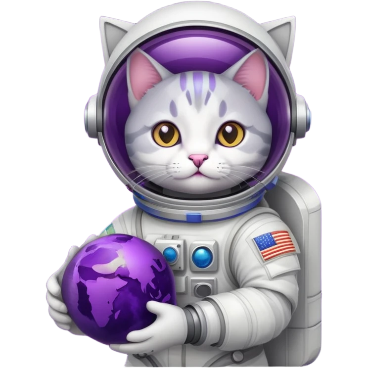 Cartoon grey and white cat in an astronaut suit holding a big purple planet with a dark purple ring emoji