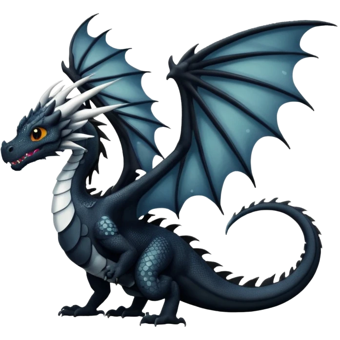 A dragon that is  black 🖤 with white spots. HUGE wings and a tail. Also realistic  emoji