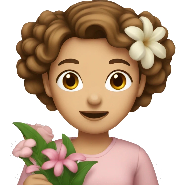 a brown-haired woman holding a flower frame emoji