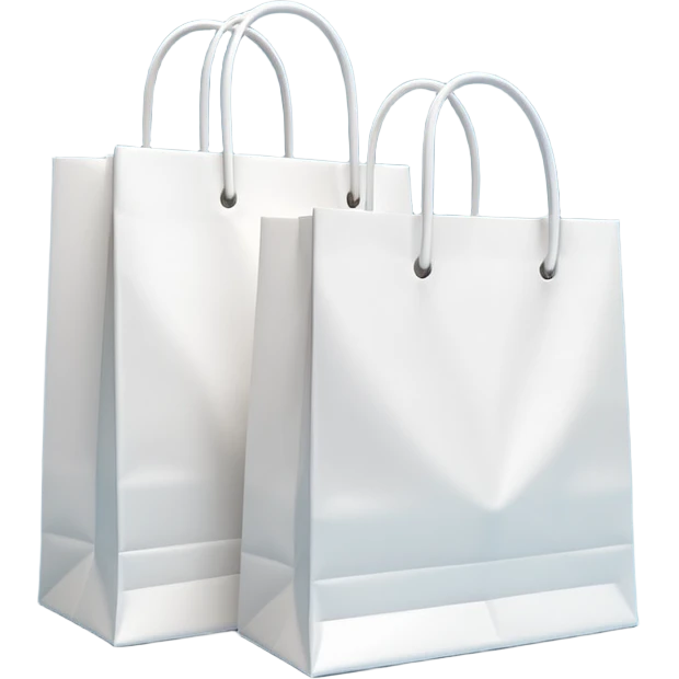 A 3D emoji of two white paper shopping bags, one large and one small, standing next to each other. Soft studio lighting, smooth 3D rendering, claymorphism style, minimalist design, cute, high resolution, isolated on a white background. emoji