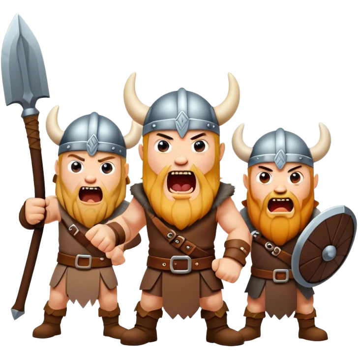 three different Vikings scream, weapons in their hands, realistic emoji