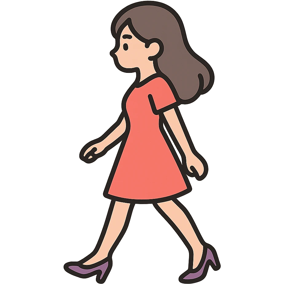 A girl walking from left to right, side view, wearing a red dress and high heels, eastern style, thin clean outlines, soft rounded shapes, detailed drawing with shadows and highlights, pastel palette #98B5BC, #B5B3C1, #C9A3C9, #E4C0CA, #F7DCD1, #F7C0AA, modern Japanese pop art, soft lighting, transparent background, no extra decoration, focus on movement and elegance emoji