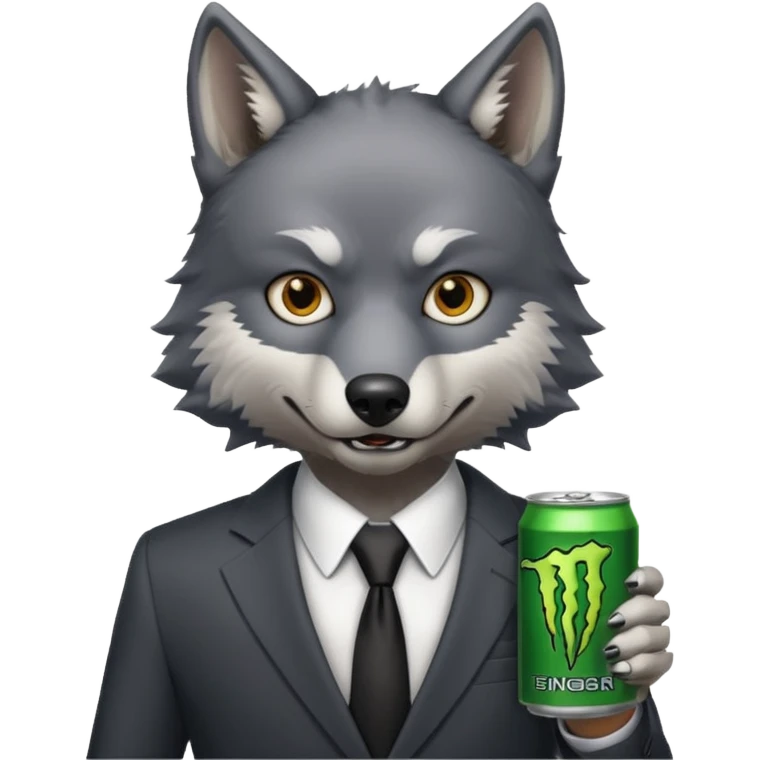 wolf in business suit, holding one monster energy can, with brown eyes  emoji