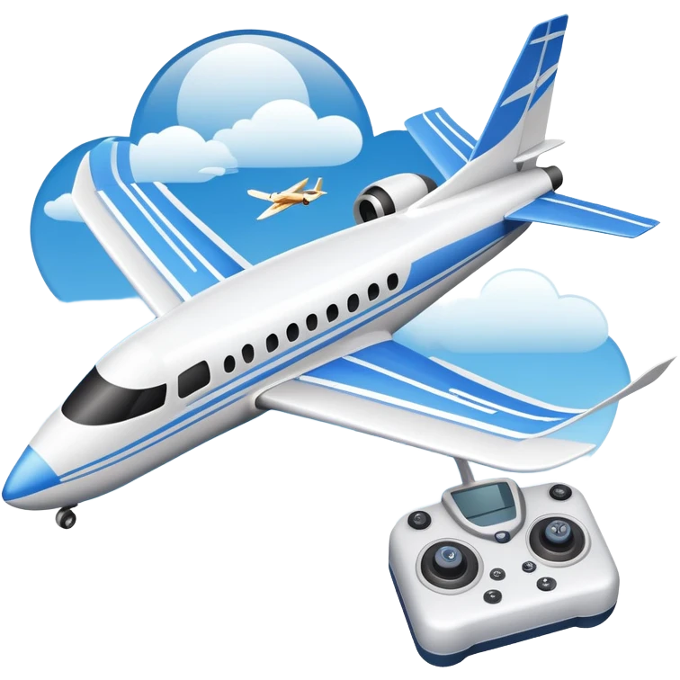 An icon featuring a remote-controlled model airplane soaring through the sky, with a detailed transmitter in the foreground. The sky is clear with motion lines showing flight. Transparent background emphasizes the precision, creativity, and joy of aeromodelling as a sport. emoji