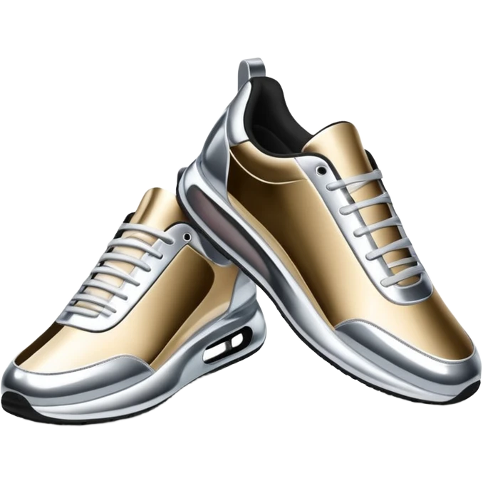 A pair of futuristic sneakers emoji made of silver chrome, sleek streetwear design, smooth metallic panels, subtle reflections, luxury swag aesthetic, iOS emoji style, centered, clean white background emoji