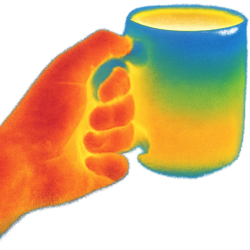 a human hand holding a coffee mug, thermal camera style, clear heat signatures, no background emoji