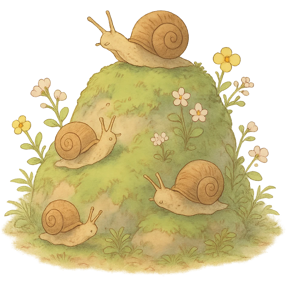 mossy rock with snails and small flowers in earthy pastel colors, ghibli style emoji