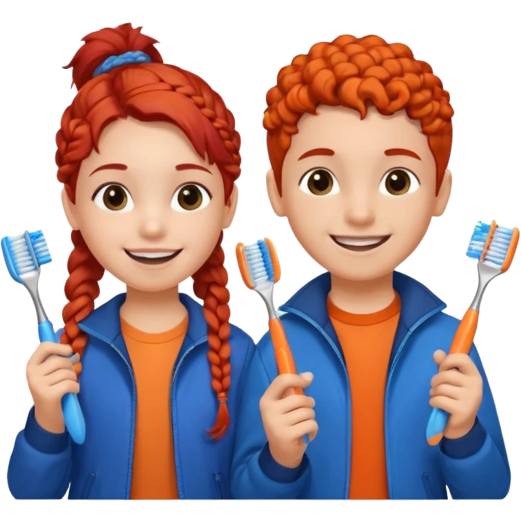 Two children smiling with toothbrushes in their hands. On the left is a girl with braided red hair, wearing a blue jacket and an orange shirt. On the right is a boy with curly black hair, wearing an orange shirt. Both are holding blue toothbrushes and look happy and healthy. emoji