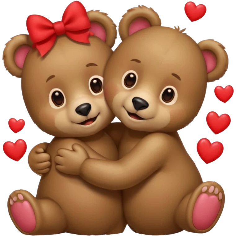 female bear with bow on her head and male bear hugging, couple, surrounded by hearts, playful and loving, cute, same height  emoji