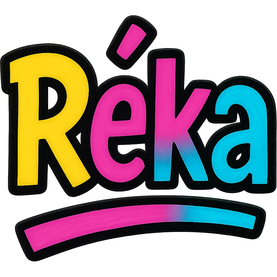 Réka name in modern colorful gradient font with dark outline, dynamic slanted or partial underline, transparent background, in the style of reference patterns emoji