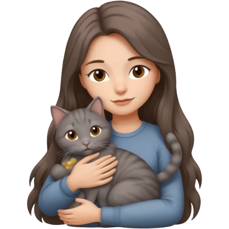 woman hug a gray cat, brown long hair emoji