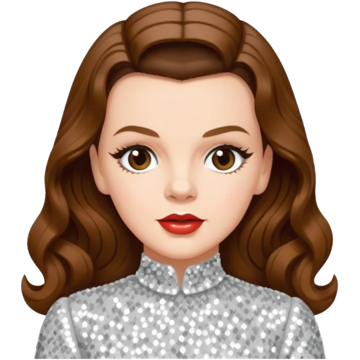 Judy Garland with long brown hair, white sequin outfit emoji