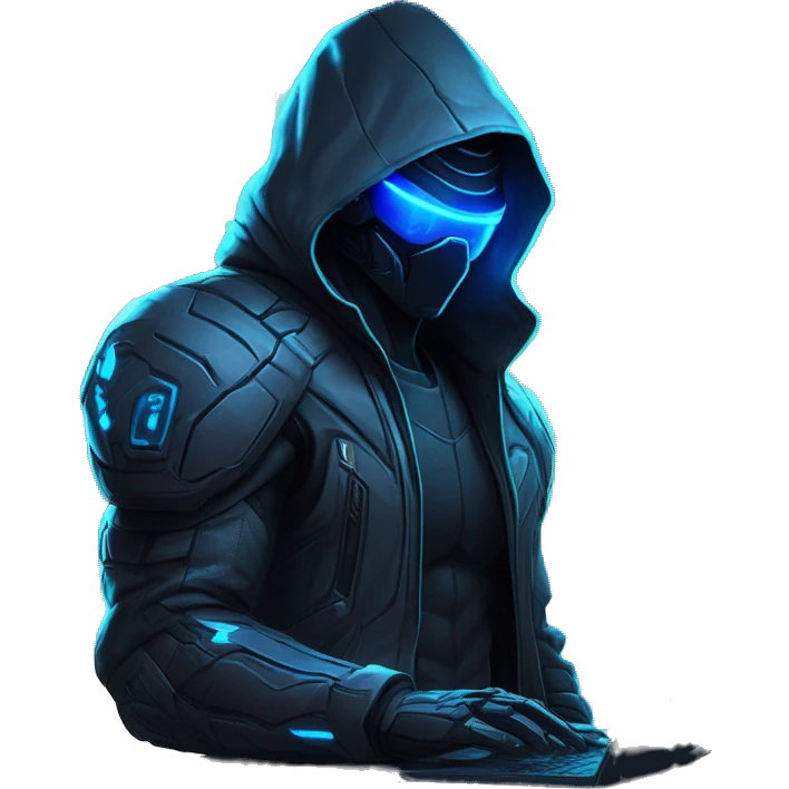 Hacker behind his laptop with this style : crysis Cyberpunk Valorant neon glowing bright blue character blue black hooded assassin themed character emoji