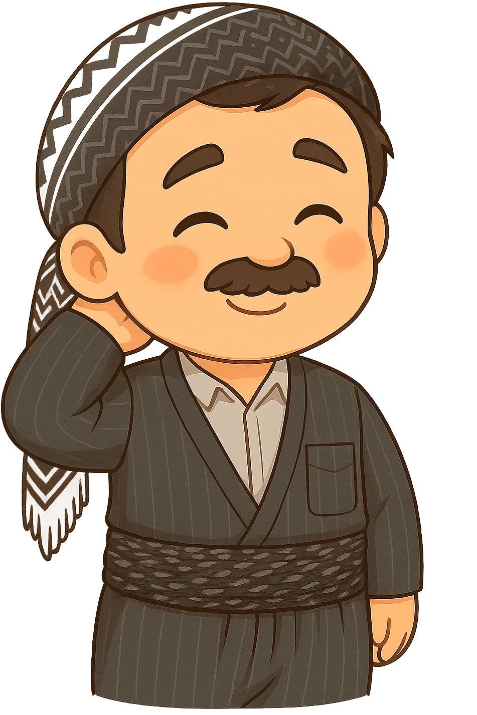 Cartoon sticker of a Kurdish man with the same clothes and scarf as the reference image, no changes to clothes or scarf, face showing a shy expression, one hand behind the head and a shy smile, colorful and cheerful, no shadows or color halos around the image, no text, suitable for WhatsApp and Instagram, fully transparent background. emoji