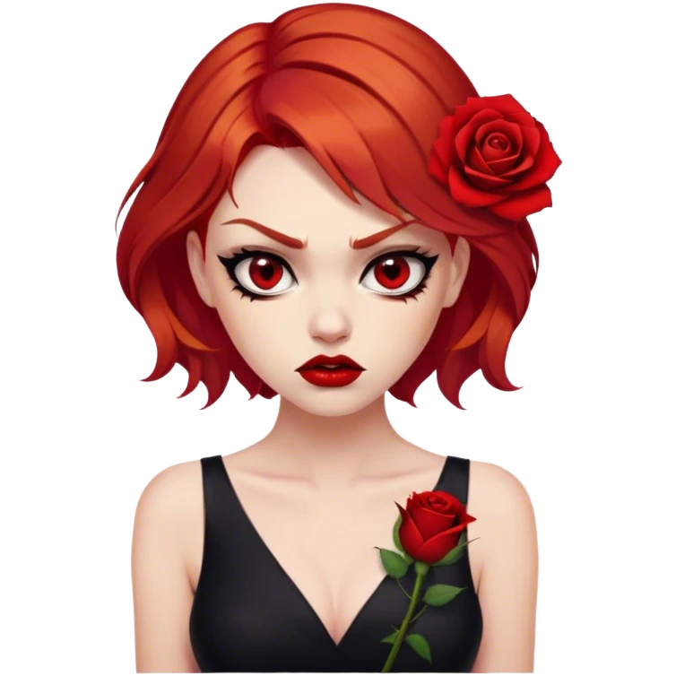 a beautiful very angry woman with red hair and red eyes. The woman wear a black little cutted dress. She have red lipstick and she have a seductive look. She have a rose flower in her hair. Angry face emoji