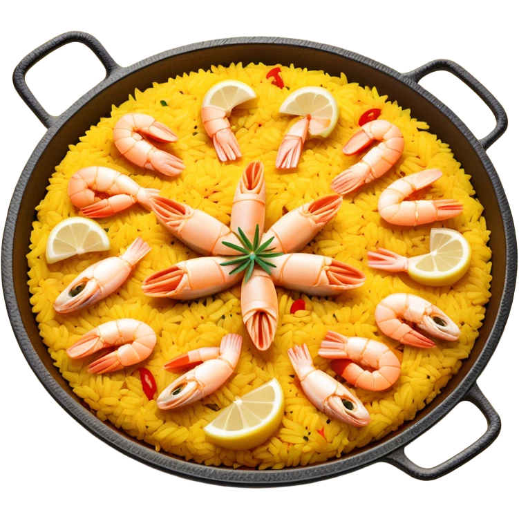 cinematic-realistic-paella-dish-emoji,-depicted-as-a-vibrant,-aromatic-rice-dish-loaded-with-seafood,-chicken,-and-saffron-rendered-with-rich-textures-and-dynamic,-warm-lighting with a lemon slice in the middle emoji