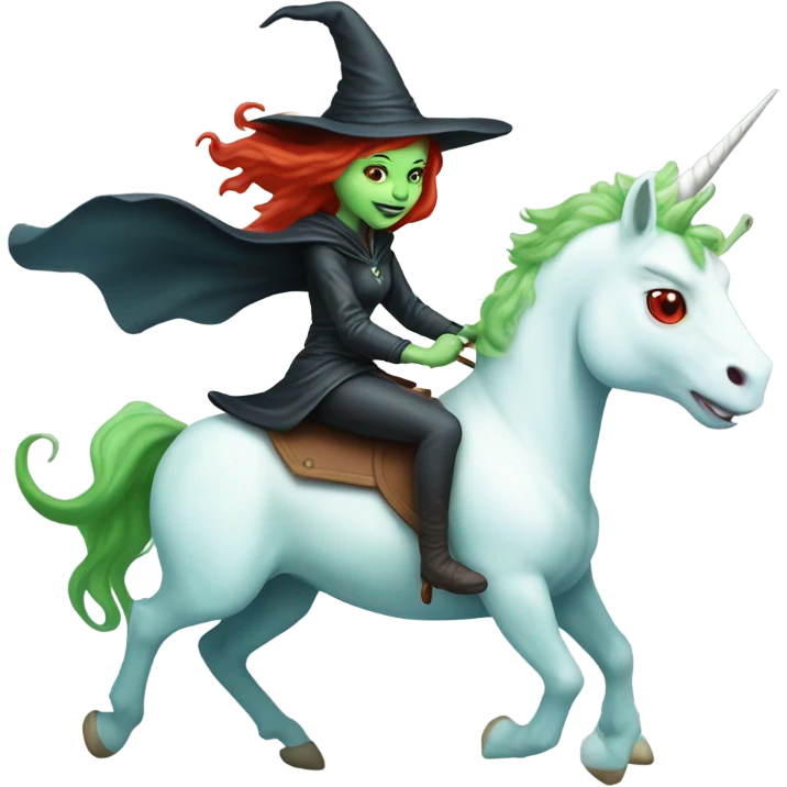 [politically incorrect, (
	{ female, alien, witch, color: light green, hair:red, eyes:cat} ]
	on a 
	[{ unicorn: white, legged:four, mane: light blue }]) emoji