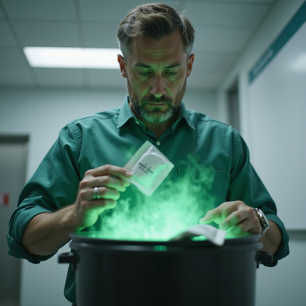 realistic determined man in a modern clinic, throwing sugar packets into a trash bin, serious expression, dark green aura around sugar packets symbolizing danger, clean and tidy environment, bright lighting, realistic style, 4K quality emoji