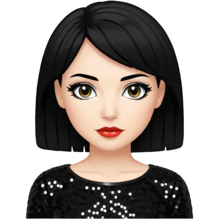 Carol-Anne Moss with black hair, black sequin outfit emoji