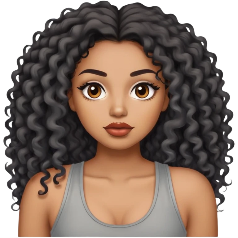 light brown skin tone, very beautiful woman, with big plump lips, long long lashes, black curly long hair, brown eyes, grey tank top emoji