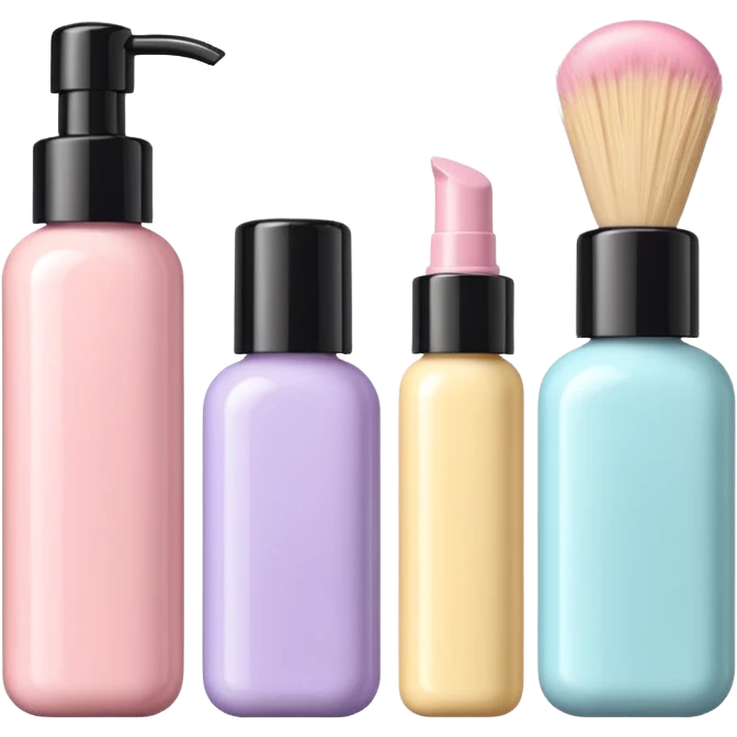 emoji of three different beauty products, with brand labels, minimalistic but luxury design (realistic), pastel colors emoji