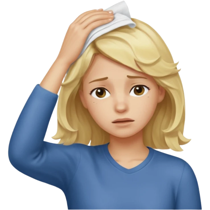 tired blond girl with lightly wavy hair, wipes away sweats from the forehead emoji