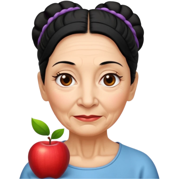 older woman with wrinkles, black hair tied back, serene expression, Apple emoji style emoji