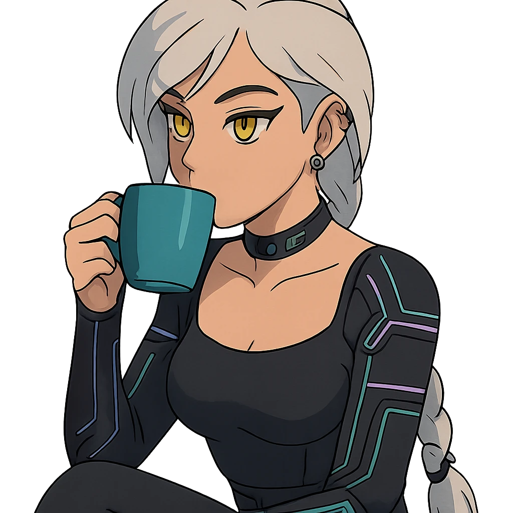  she is sipping a delicious tea drink, a closeup portrait of young woman with gold yellow eyes, white hair, long braid, black off-shoulder top d-cup, punk gothic style, futuristic cyberwave cyberpunk, sitting position
 emoji