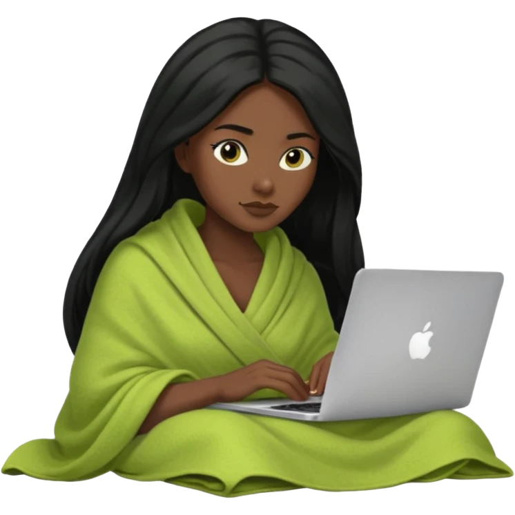 Black long hair and black skin woman inside a green pistachio color blanket working on her MacBook  emoji
