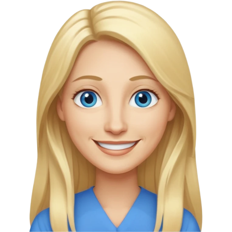 a 40 year old teacher with really long blonde hair and blue eyes long face smaller eyes smiling happy emoji