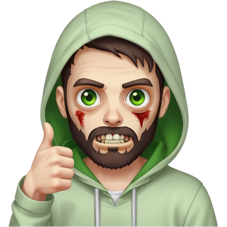 zombie with thumbs up gesture, undercut hairstyle with dark brown hair, short full beard, heterochromia with one green eye and one brown eye, wearing plain white hoodie with hood up emoji