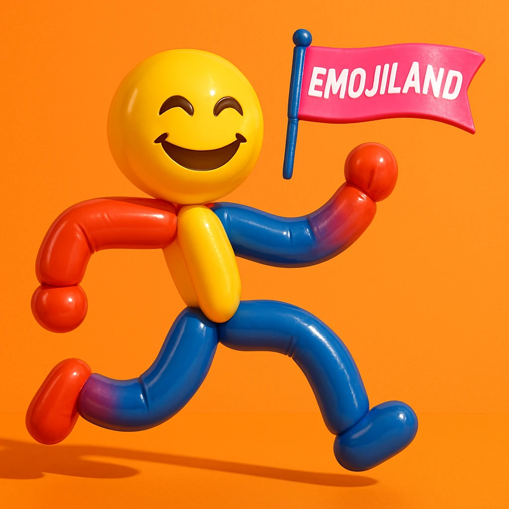 happy runner waving a flag that says 'emojiland' emoji