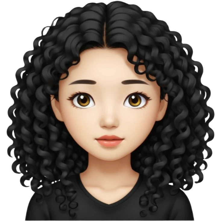 Korean woman with black cute long curly hair  with a black top with long lashes emoji