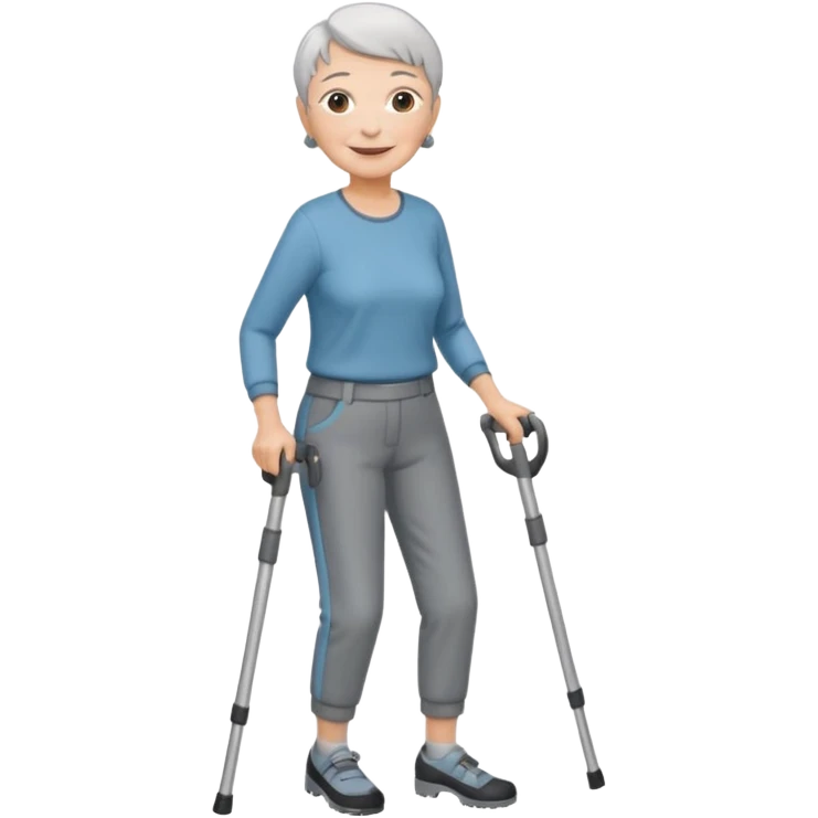 elderly woman with pants short grey hair using crutches emoji