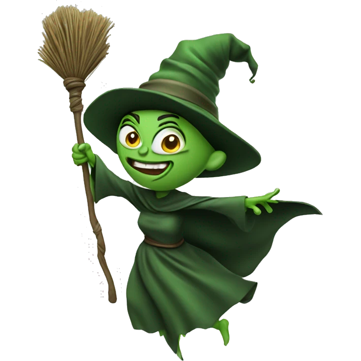 Ugly mad green witch, flying on a broom emoji