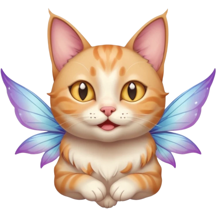 A cat with fairy wings, floating mid-air with a mischievous smirk, portrait, bust up emoji