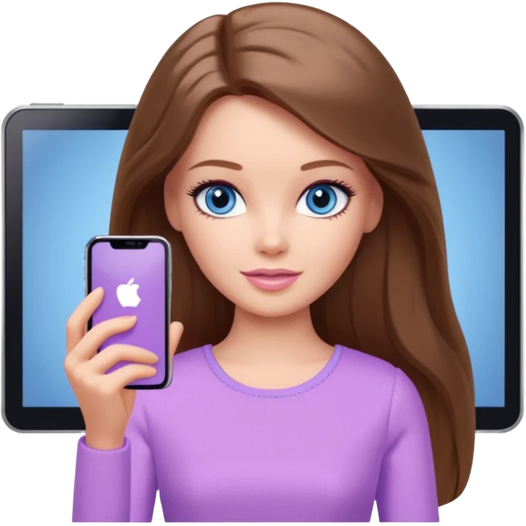 beautiful barbie girl with long brown hair, blue eyes and wearing light purple clothes watching netflix on tv emoji