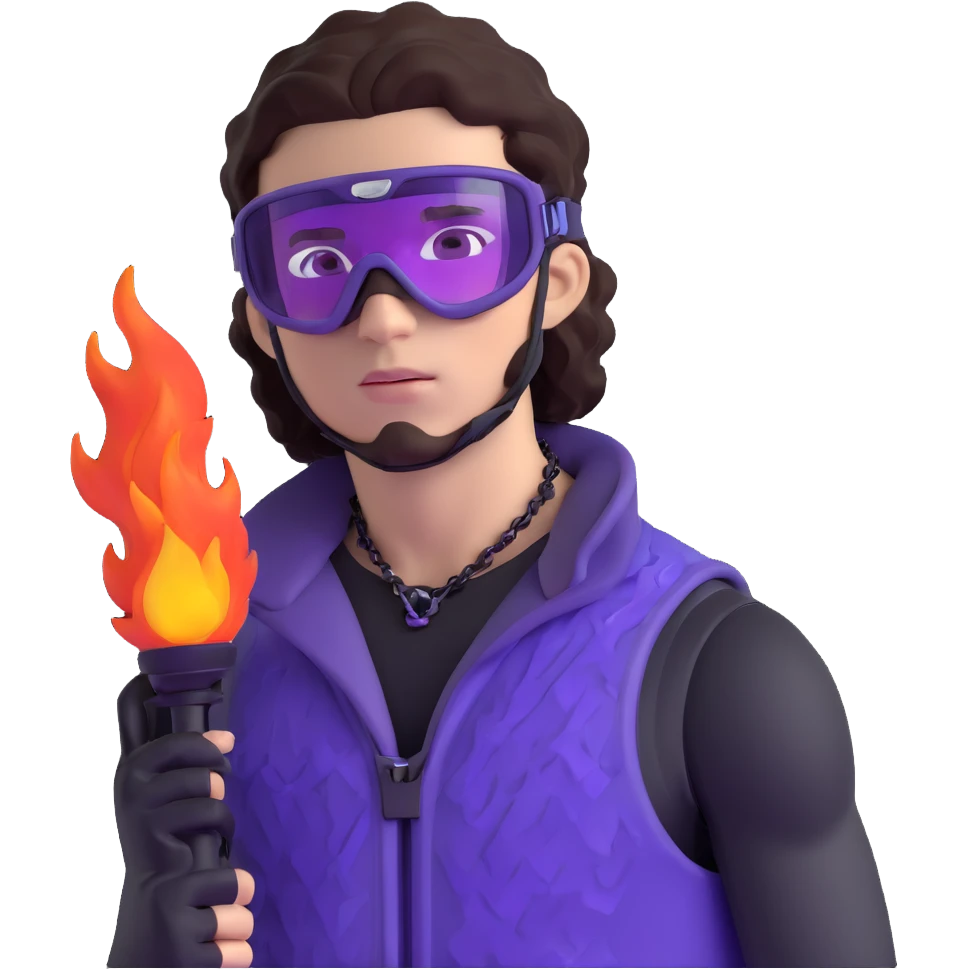 close-up of bad guy male athlete with white skin and moderately curly dark brown hair on top with shaved sides, wearing ski goggles with purple frames and very dark black lenses, a simple plain black chain necklace, and a completely unzipped sleeveless vest with purple and black sequin fire pattern design with no logo, with an extremely arrogant sneer on his face, looking menacing and villainous, exuding overconfidence and a threatening aura emoji